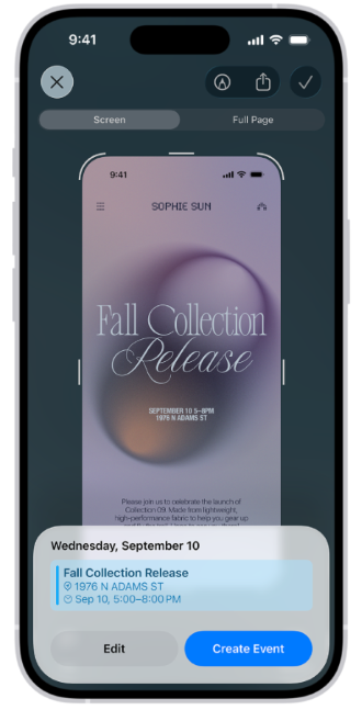 Visual Intelligence adding an event to the Calendar app. Visual Intelligence adding an event to the Calendar app.