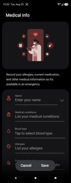 Galaxy Z Fold5 showing the Emergency contacts screen and the Medical info entry form for allergies, blood type, and conditions.