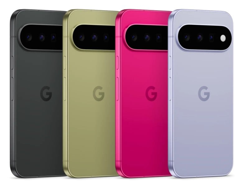 Google Pixel 11 phone Google Pixel 11 lineup rear view showing the redesigned camera bar in four colors