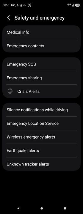 Galaxy Z Fold5 showing the Settings menu with Safety and emergency highlighted, next to the full Safety and emergency screen.