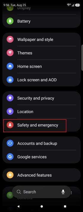 Galaxy Z Fold5 showing the Settings menu with Safety and emergency highlighted, next to the full Safety and emergency screen.