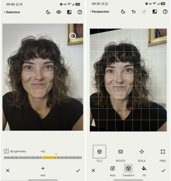 Before-and-after comparison of a selfie edited in Snapseed.