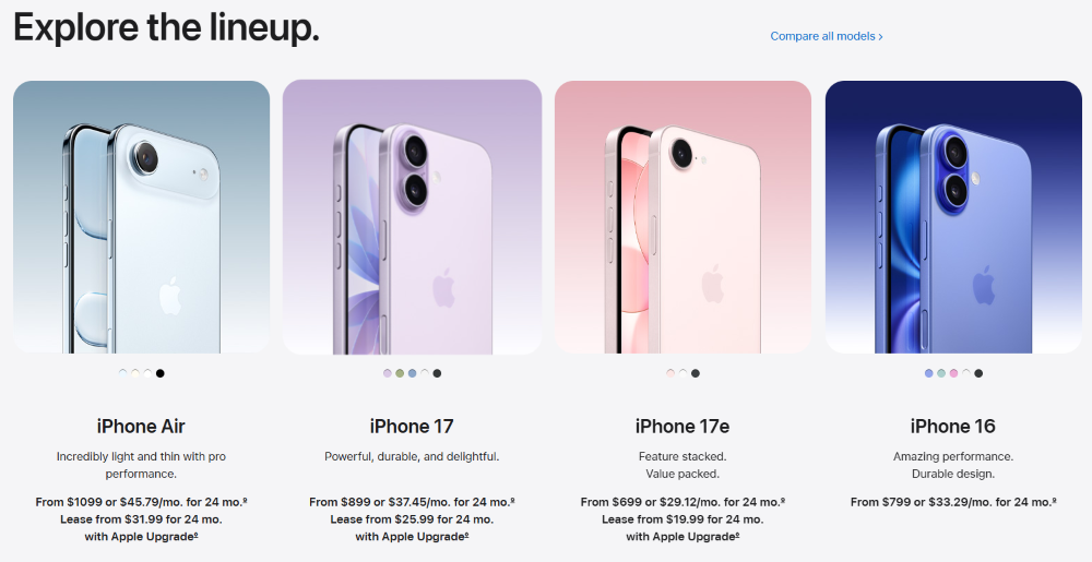 Apple Store webpage showing updated iPhone prices