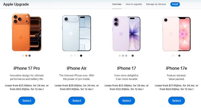 iPhone leasing pricing options on Apple Upgrade.