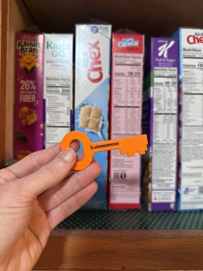 The Autonomous Key stored in a kitchen cabinet to make it harder to reach.