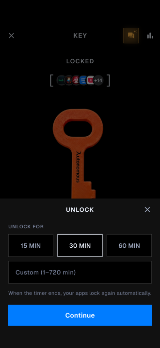 Unlocking apps in the Autonomous app after tapping the Autonomous Key.
