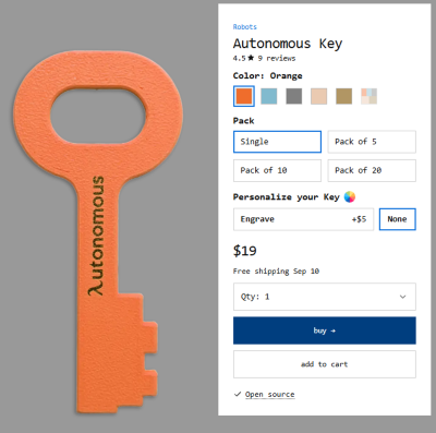 The Autonomous Key shown in its five available colors with an engraving option.