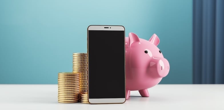 Smartphone standing next to stacked coins and a piggy bank