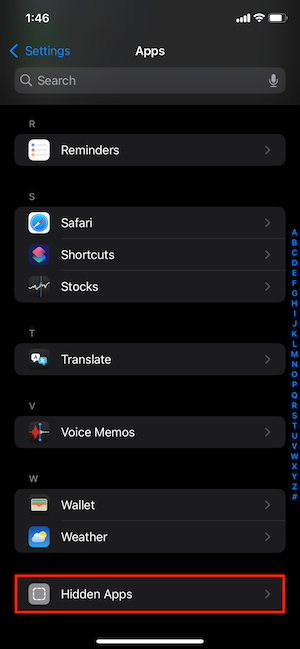 Screenshot of the Hidden Apps folder on iPhone.