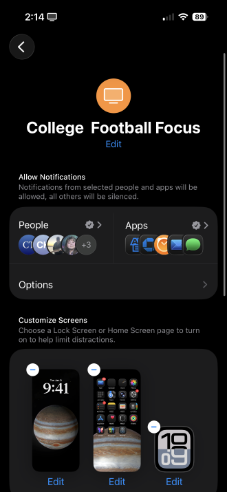 Creating a custom college football Focus Mode on iPhone
