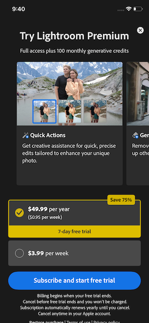 Adobe Lightroom subscription pricing screen