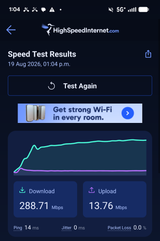 RedPocket 5G download speed of 288Mbps on the AT&T network.