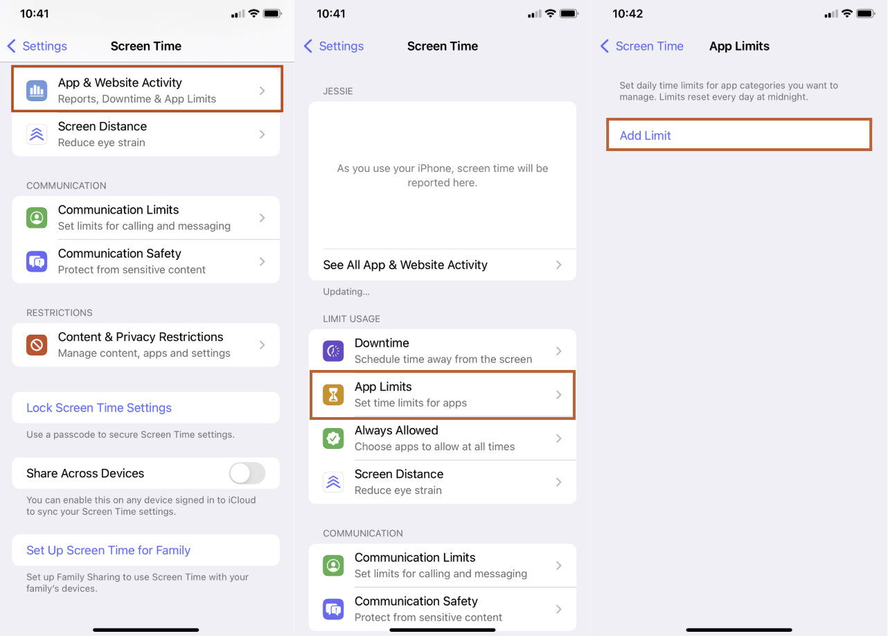 Series of three screenshots of iPhone Screen Time setup.