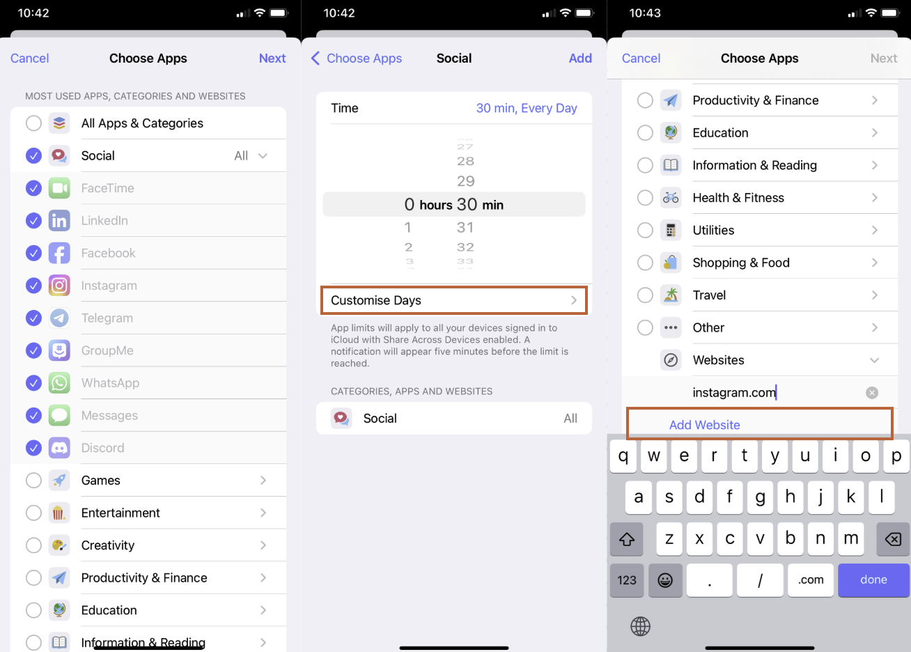 Series of three screenshots selecting apps for Screen Time limits.