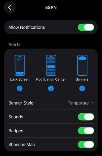 ESPN app notification settings screen on iPhone