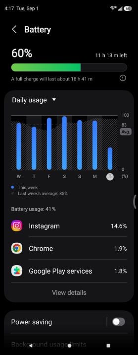 Galaxy Z Fold5 battery settings screen listing Instagram at 14.6 percent of battery usage