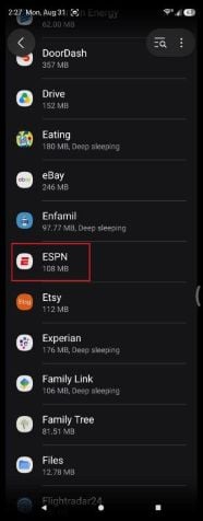 Samsung Galaxy Z Fold5 Apps list with ESPN selected