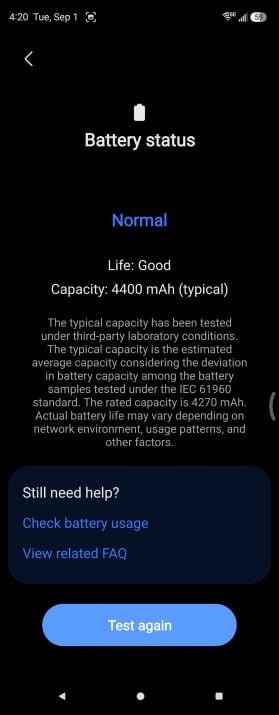 Samsung battery status diagnostic on a Galaxy Z Fold5 reading Normal, Life Good, Capacity 4400 mAh