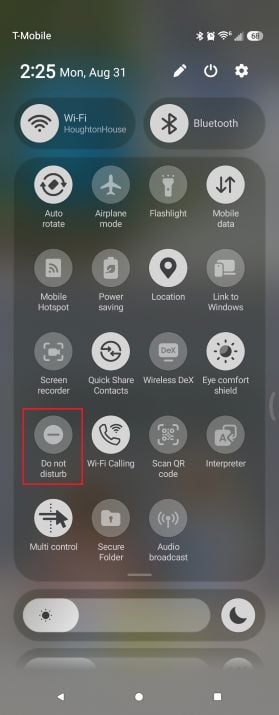 Samsung Galaxy Z Fold5 Quick Settings panel on display with a red box highlighting the Do Not Disturb icon