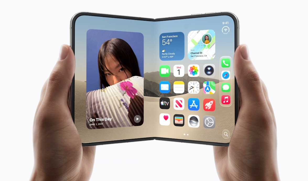 iPhone Duo held open showing the iOS 27 Home Screen with Today View widgets on the left and the app dock running down the right side.