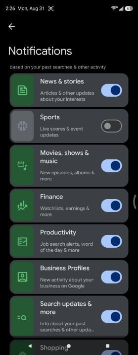 Google app Notification settings menu on a Samsung Galaxy Z Fold5 showing various categories, with the Sports option highlighted and its toggle switch turned off