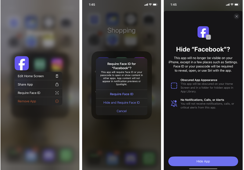 A series of three screenshots showing how to hide an app on the Home Screen.