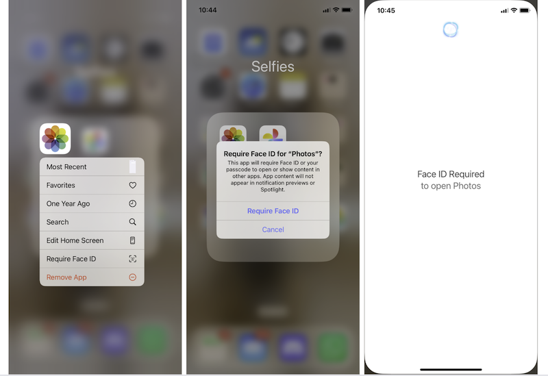 Series of three screenshots showing the steps of locking apps from the Home Screen