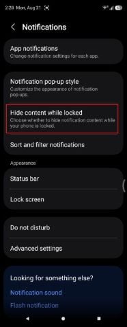 Samsung Galaxy Z Fold5 Notifications menu showing lock screen content options