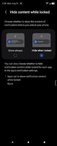 Samsung Galaxy Z Fold5 lock screen privacy setting with Hide content while locked selected