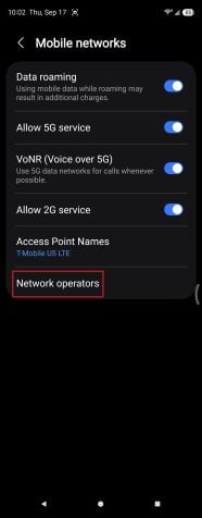 Network operators screen on a Samsung Galaxy Z Fold5 showing available networks