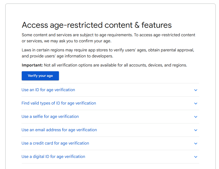 Google Account age verification screen showing the ID, selfie, credit card, and email options