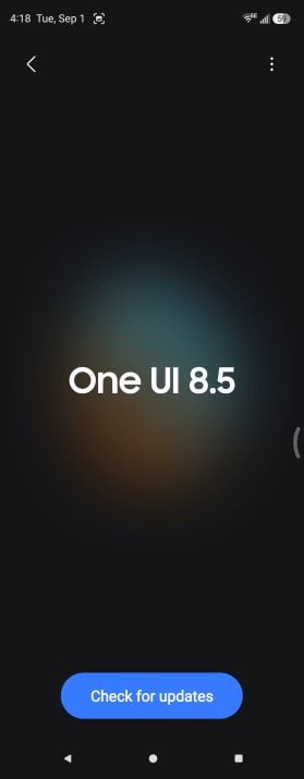 Software update screen on a Galaxy Z Fold5 showing One UI 8.5 and a Check for updates button