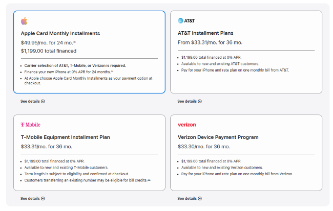 Apple Store installment plan options including Apple Card Monthly Installments and Apple Upgrade