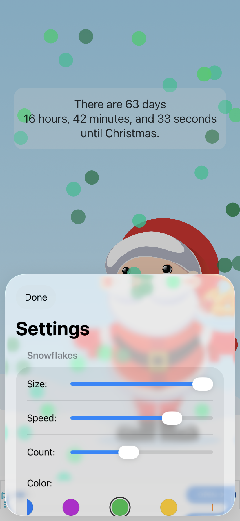 Screenshot of the snowflake customization settings.
