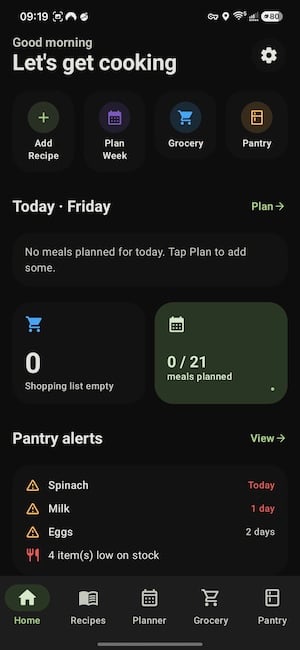 Screenshot of the Crouton meal planner home screen on iPhone