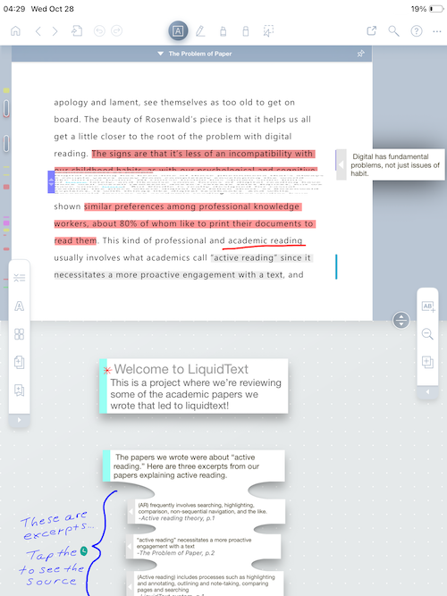 Screenshot of the pinch and compare feature in LiquidText.