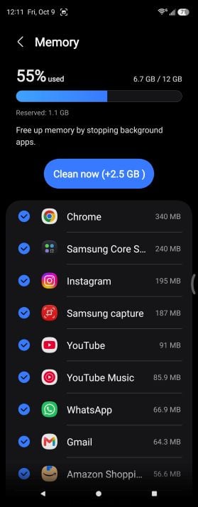 Screenshot of the Memory screen in Device care on a Samsung Galaxy Z Fold5 showing 55% of memory used and a list of apps running in the background, including Chrome, Instagram, and YouTube