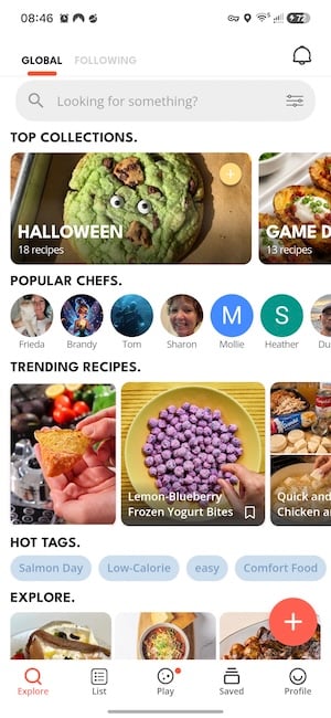 Screenshot of the Pepper home screen with featured recipes on Android