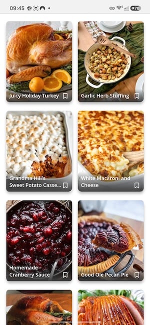 Screenshot of Pepper's Thanksgiving recipe folder on Android