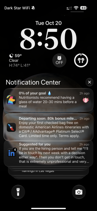 iPhone Notification Center filled with ads and engagement notifications from apps