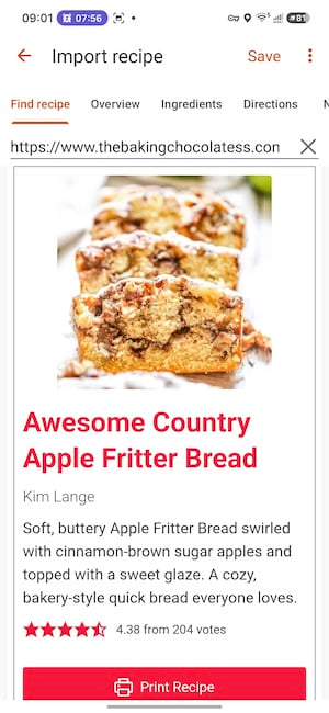 Screenshot of the final imported apple fritter loaf recipe in Recipe Keeper on Android