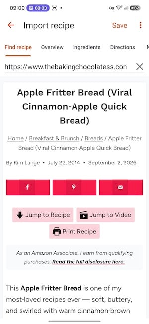Screenshot of an apple fritter loaf recipe importing into Recipe Keeper on Android