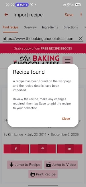 Screenshot of Recipe Keeper finding a recipe from a website link on Android