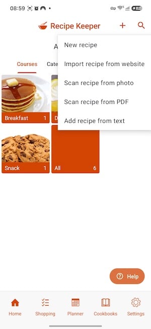 Screenshot of the Recipe Keeper home screen and import button on Android