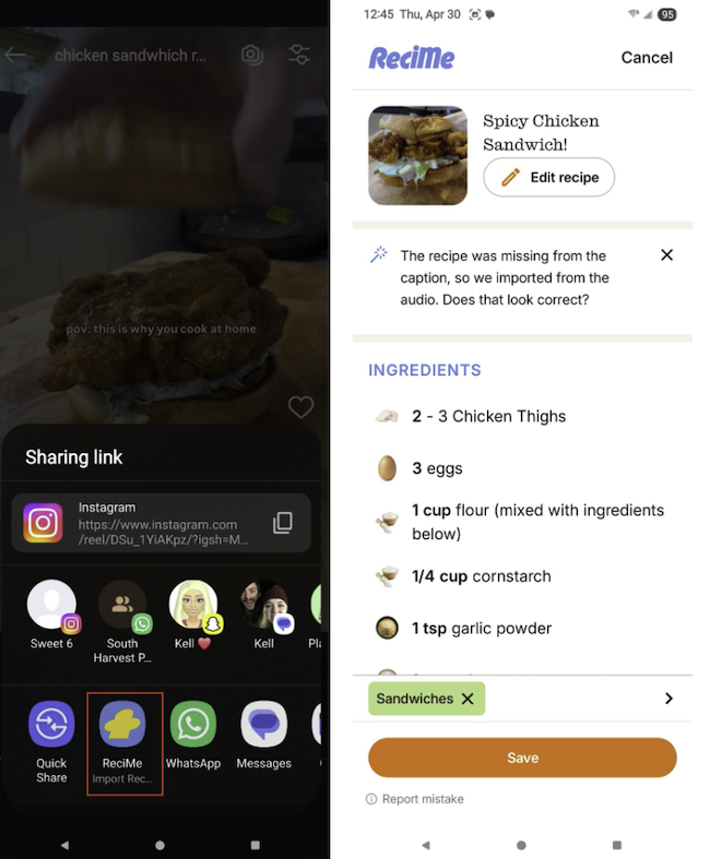 Screenshots of the ReciMe import feature pulling a recipe from a social media video
