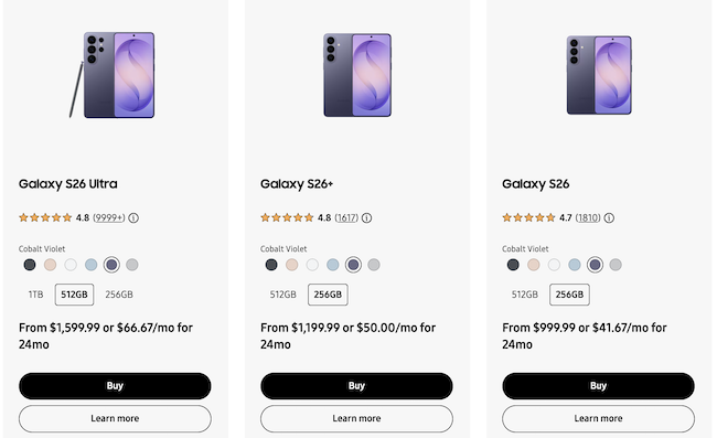 Samsung store showing new Galaxy S26, Galaxy S26+, and Galaxy S26 Ultra pricing. Samsung store showing new Galaxy S26, Galaxy S26+, and Galaxy S26 Ultra pricing.