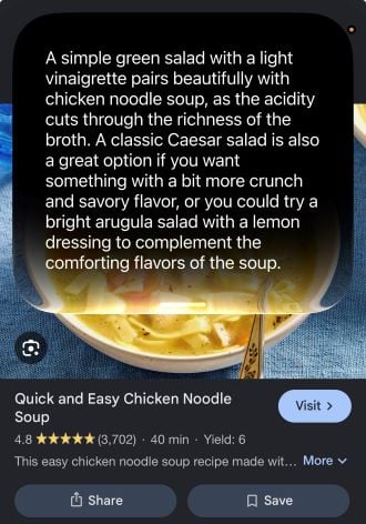 Siri AI suggesting a salad to go with chicken noodle soup shown on an iPhone screen