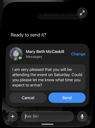 Siri AI rewriting a text message in a more formal tone