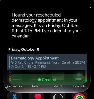 Siri AI adding a doctor's appointment from Messages to Calendar