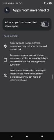 Android "Allow apps from unverified developers" toggle